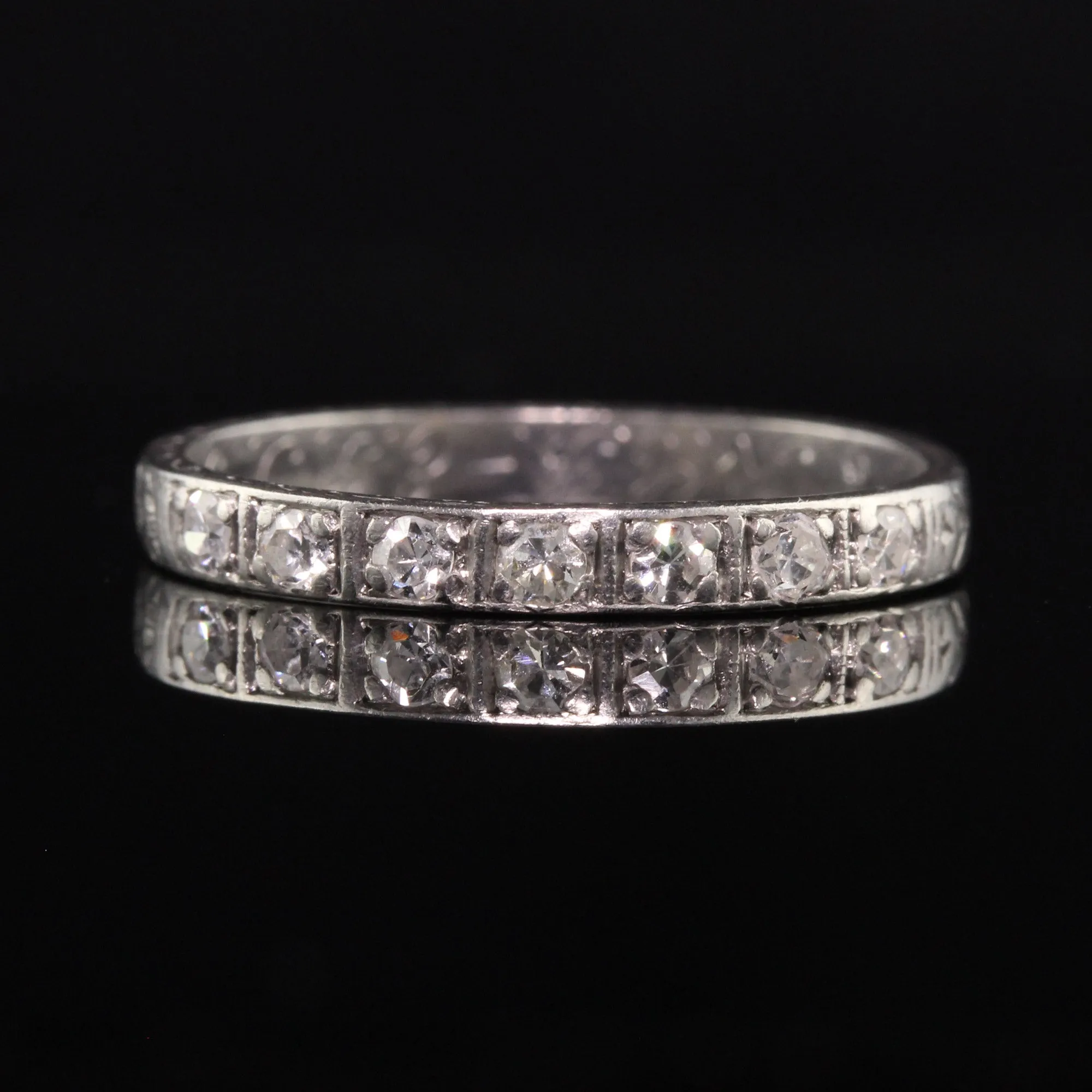 Antique Art Deco Platinum Single Cut Diamond Engraved Wedding Band