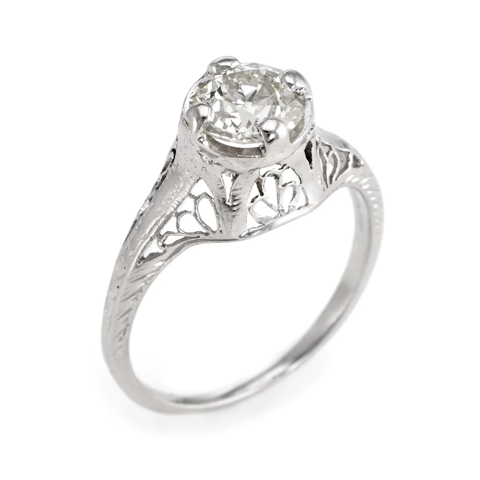 Antique Deco 1ct Diamond Engagement Ring 14k White Gold Filigree Fine Vintage