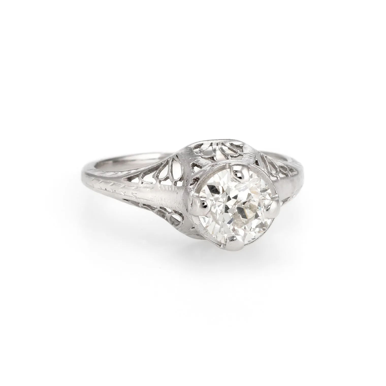 Antique Deco 1ct Diamond Engagement Ring 14k White Gold Filigree Fine Vintage