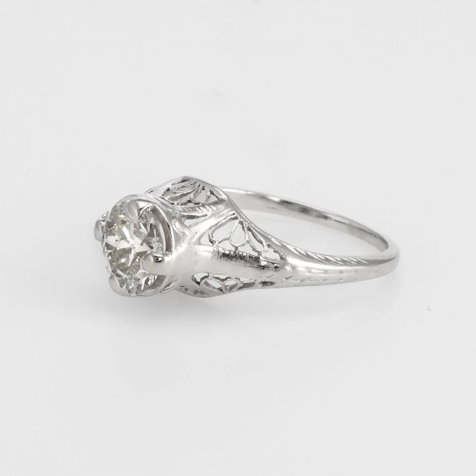 Antique Deco 1ct Diamond Engagement Ring 14k White Gold Filigree Fine Vintage