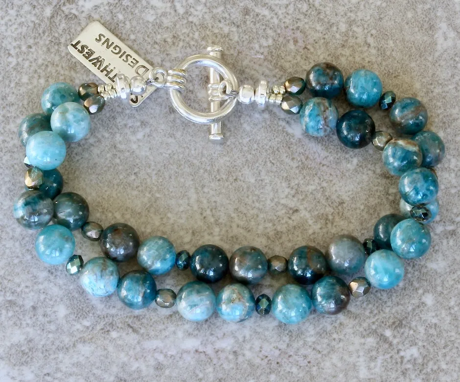 Apatite Rounds 2-Strand Bracelet with Czech Fire Polished Glass and a Sterling Silver Toggle Clasp