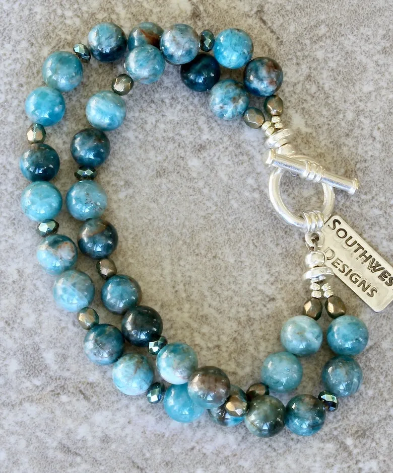 Apatite Rounds 2-Strand Bracelet with Czech Fire Polished Glass and a Sterling Silver Toggle Clasp
