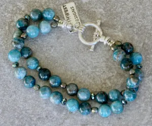 Apatite Rounds 2-Strand Bracelet with Czech Fire Polished Glass and a Sterling Silver Toggle Clasp