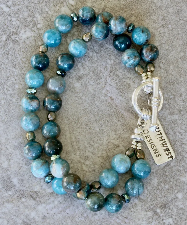 Apatite Rounds 2-Strand Bracelet with Czech Fire Polished Glass and a Sterling Silver Toggle Clasp