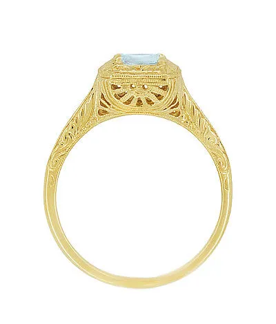 Aquamarine Art Deco Filigree Scrolls Engraved Engagement Ring in 14 Karat Yellow Gold
