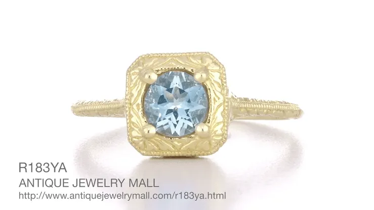 Aquamarine Art Deco Filigree Scrolls Engraved Engagement Ring in 14 Karat Yellow Gold