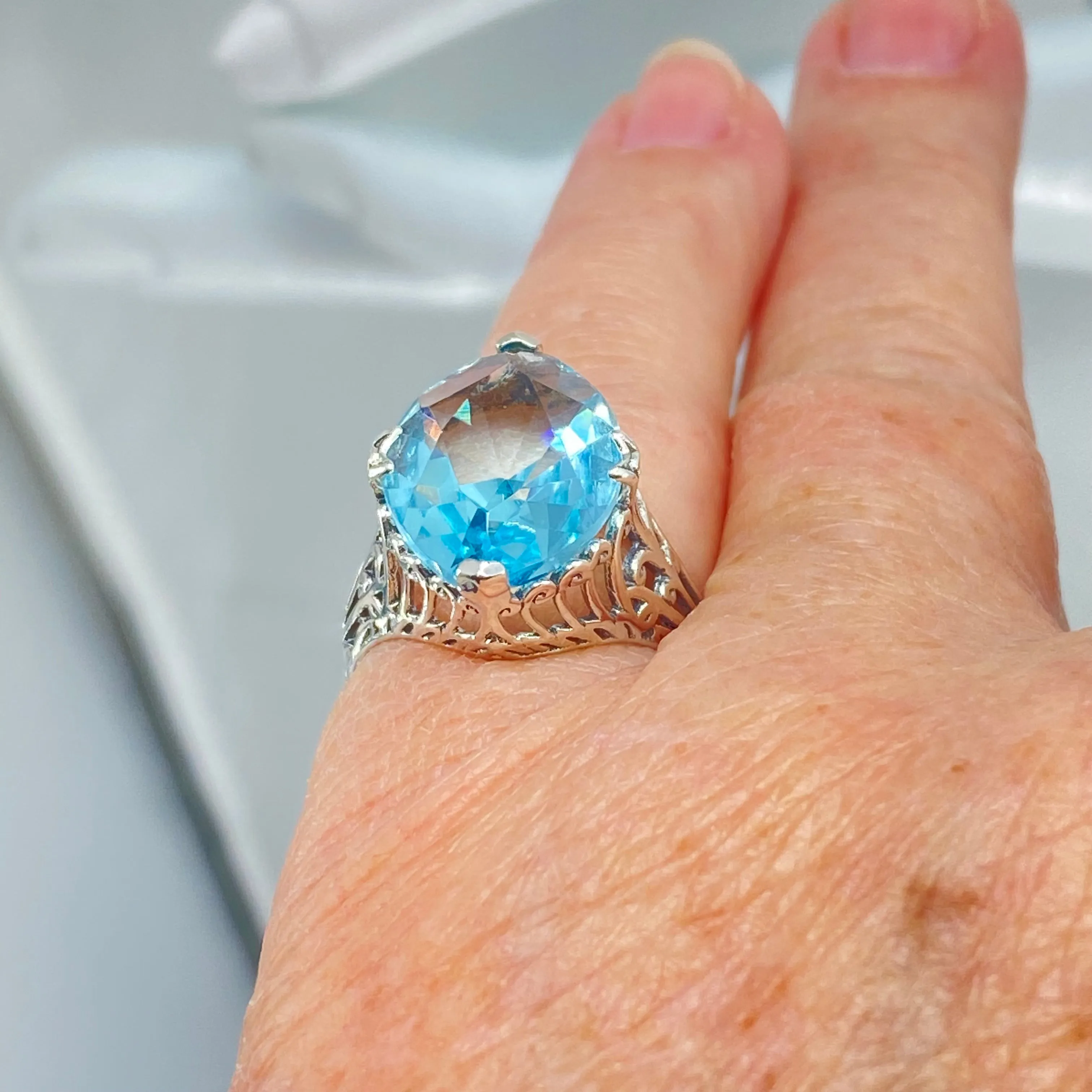 Aquamarine Ring, Marquise Cut Art Deco Jewelry, D53