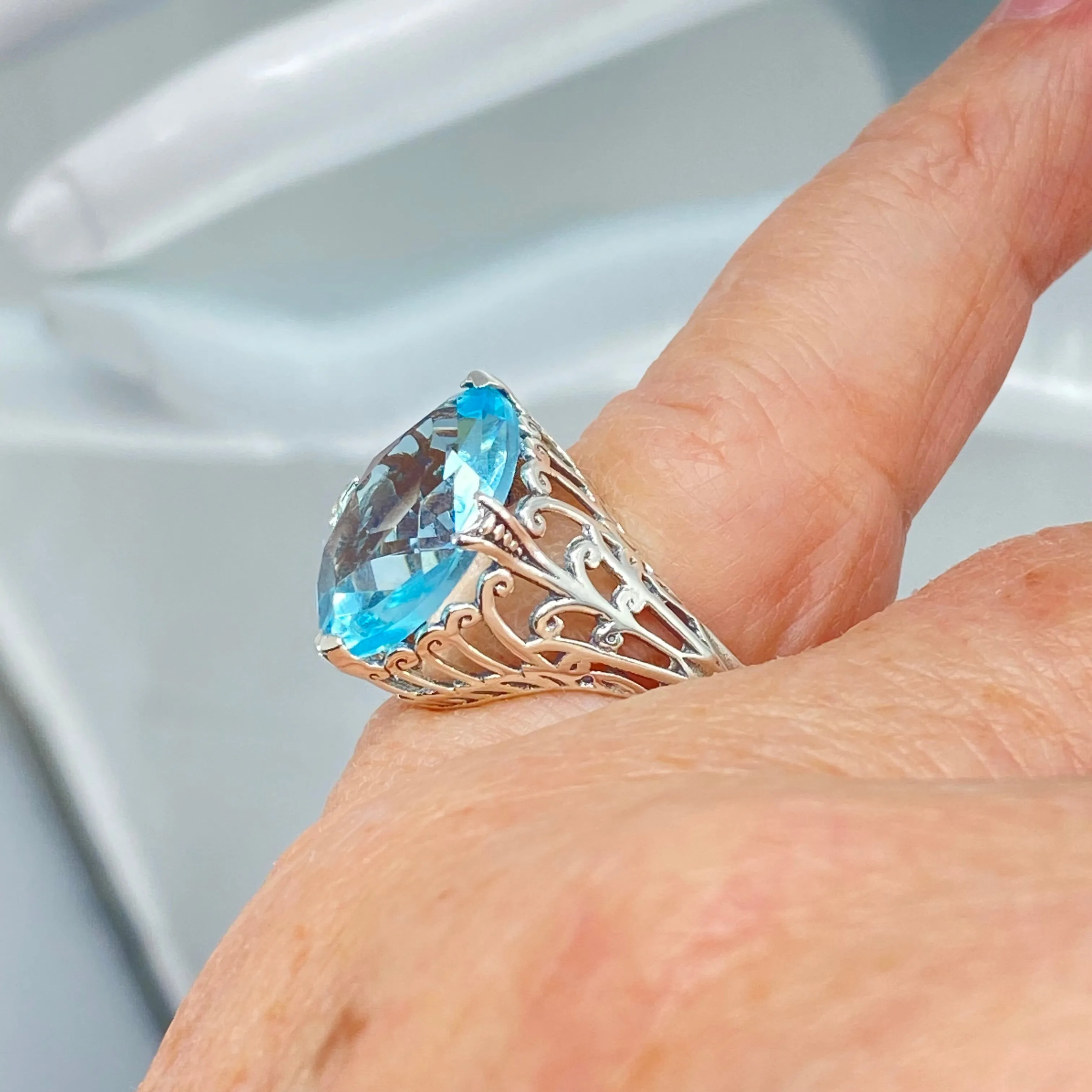 Aquamarine Ring, Marquise Cut Art Deco Jewelry, D53