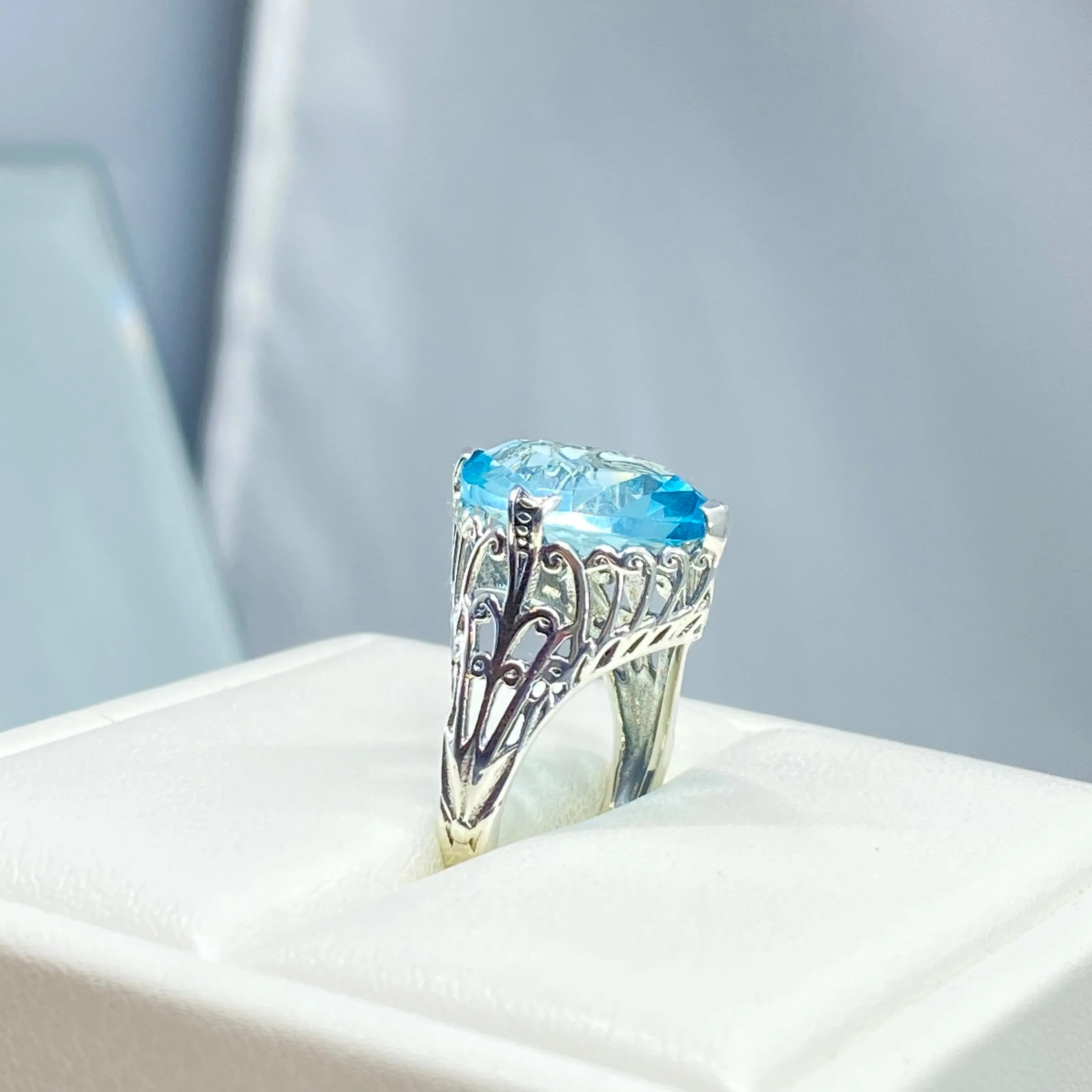 Aquamarine Ring, Marquise Cut Art Deco Jewelry, D53