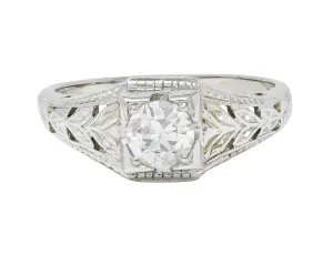 Art Deco 0.38 CTW Old European Cut Diamond 18 Karat White Gold Foliate Solitaire Antique Engagement Ring