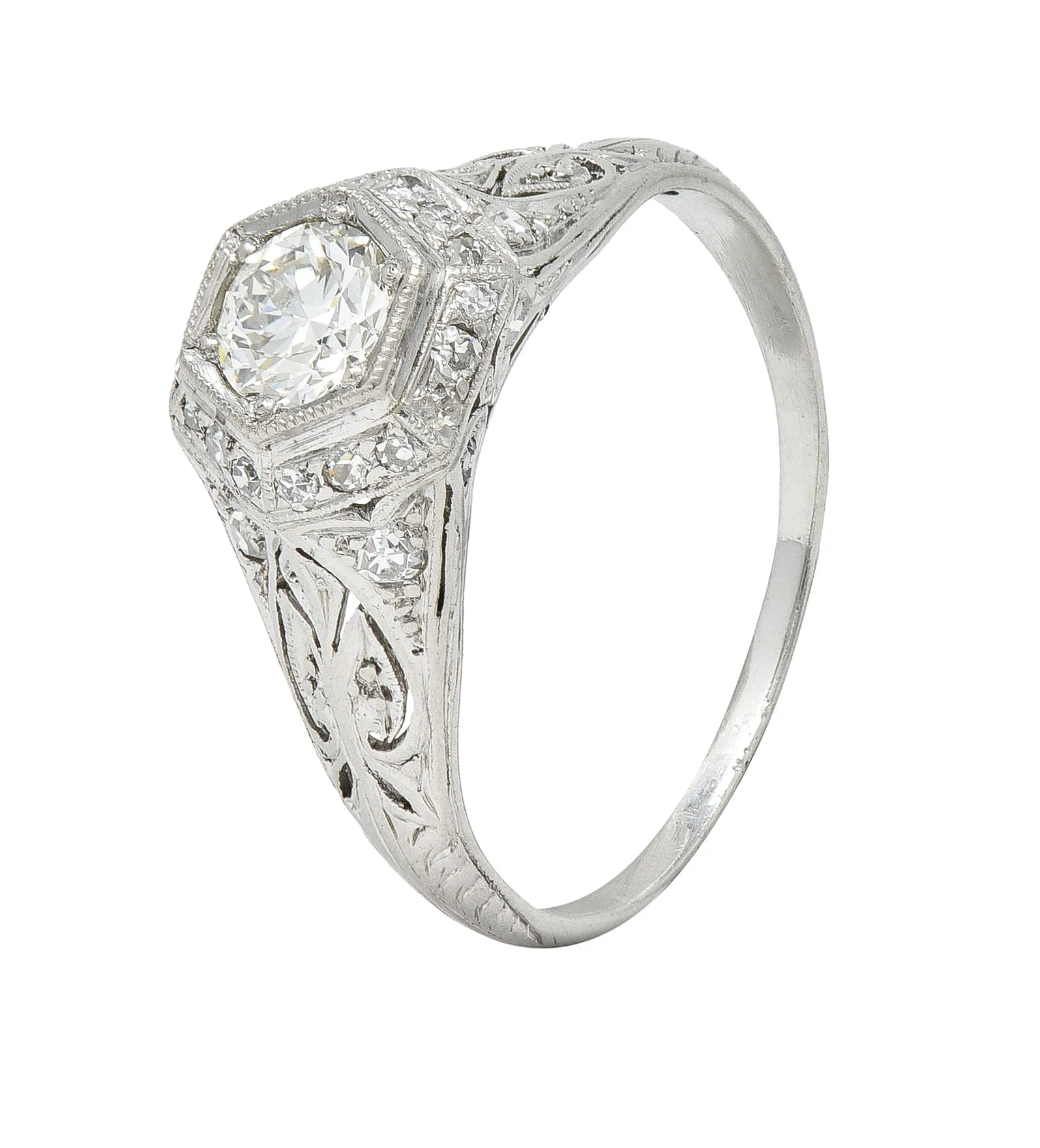 Art Deco 0.54 CTW Old European Cut Diamond Platinum Hexagonal Antique Engagement Ring