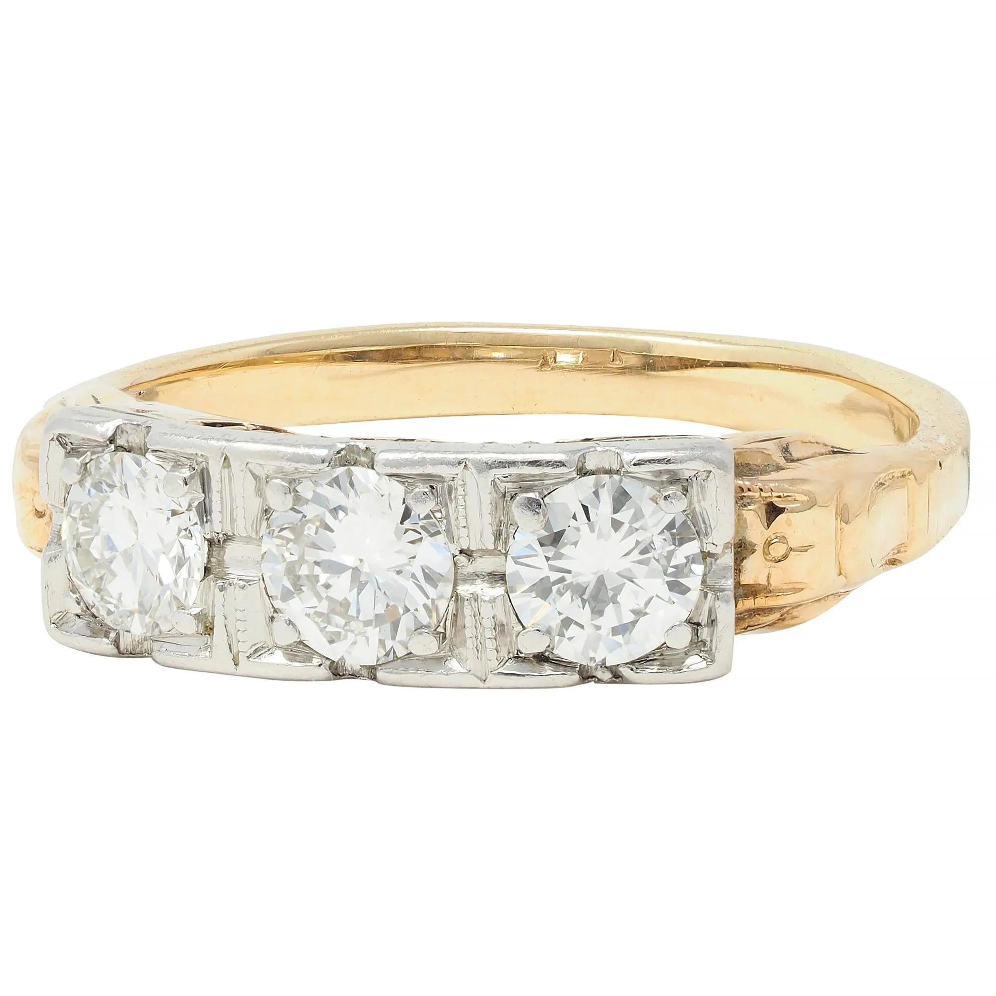 Art Deco 0.60 CTW Diamond Platinum 14 Karat Gold Three Stone Antique Band Ring