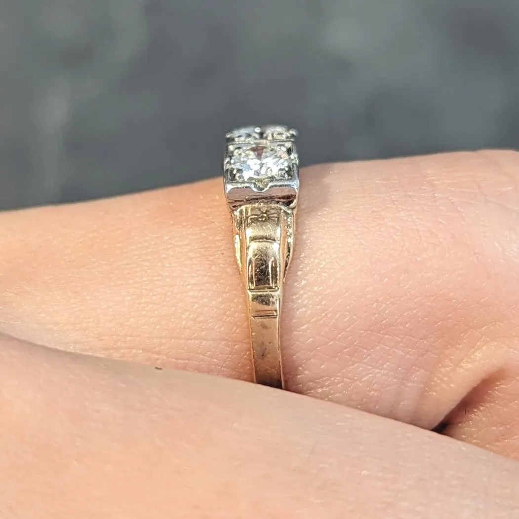 Art Deco 0.60 CTW Diamond Platinum 14 Karat Gold Three Stone Antique Band Ring