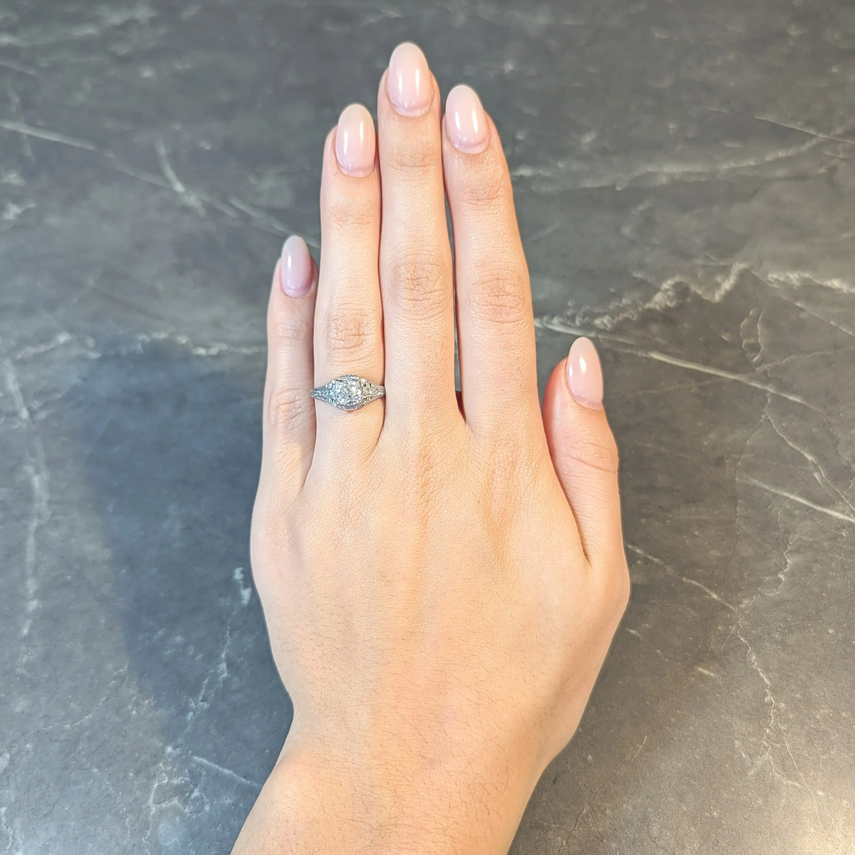 Art Deco 0.88 CTW Old European Cut Diamond Platinum Vintage Wheat Engagement Ring