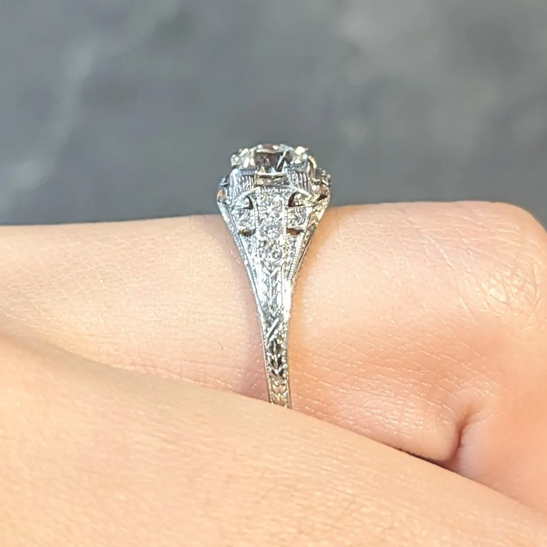 Art Deco 0.88 CTW Old European Cut Diamond Platinum Vintage Wheat Engagement Ring