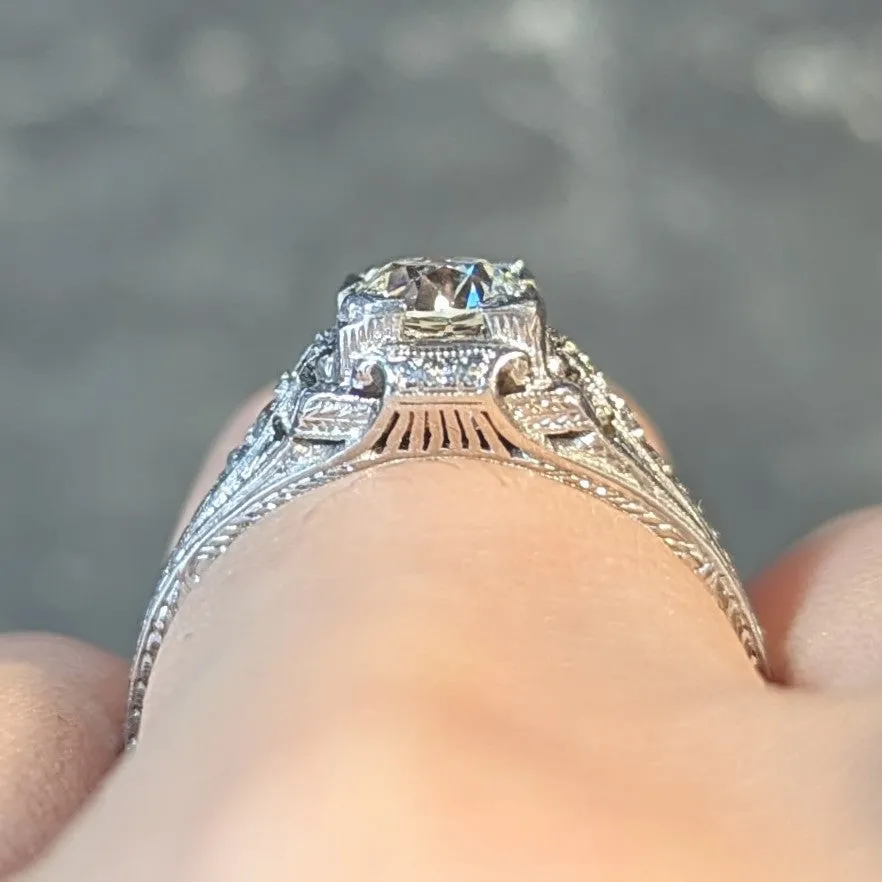Art Deco 0.88 CTW Old European Cut Diamond Platinum Vintage Wheat Engagement Ring