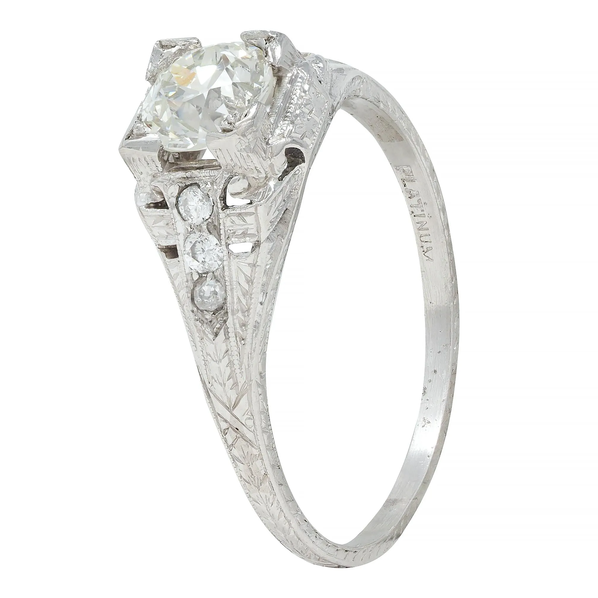 Art Deco 0.88 CTW Old European Cut Diamond Platinum Vintage Wheat Engagement Ring
