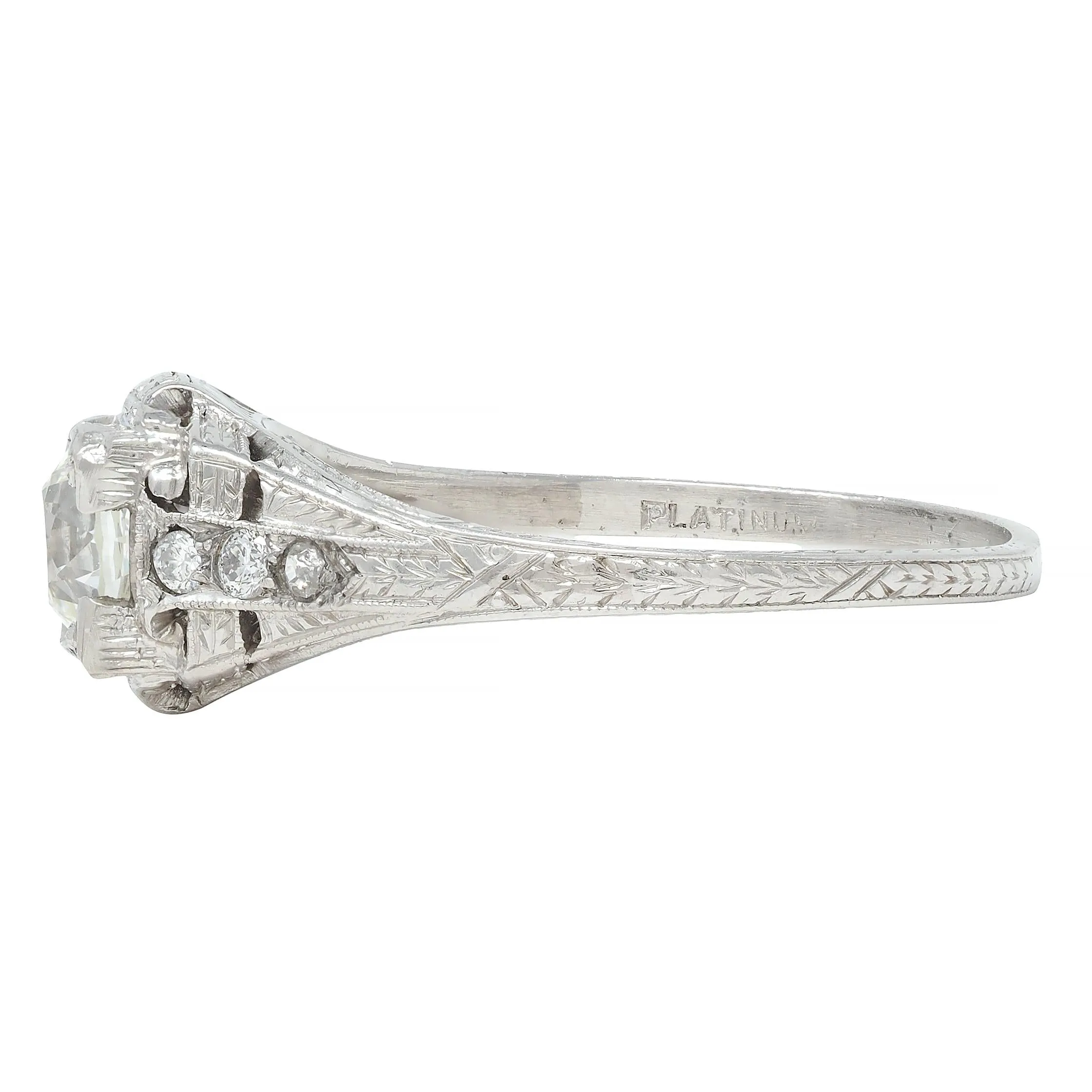Art Deco 0.88 CTW Old European Cut Diamond Platinum Vintage Wheat Engagement Ring