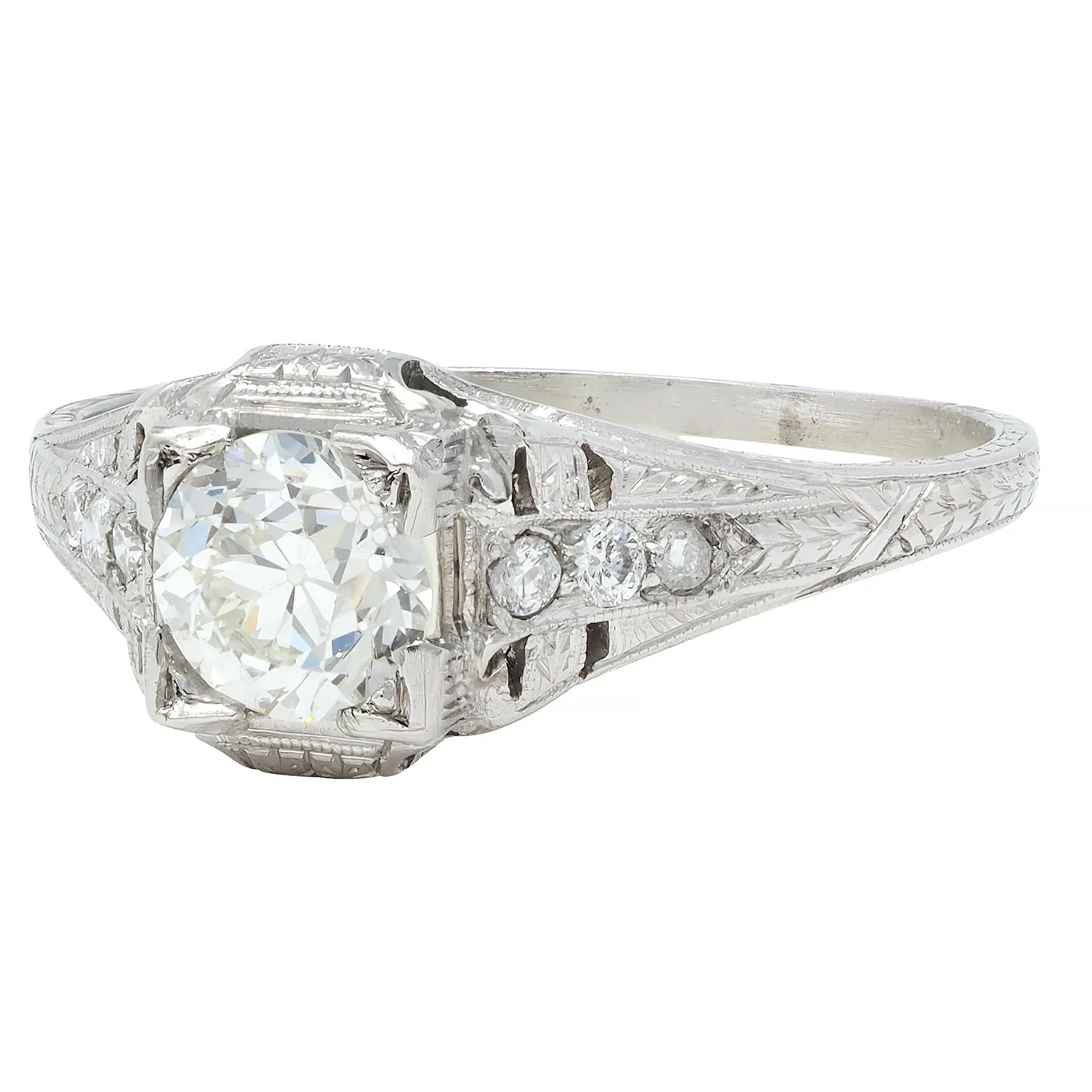 Art Deco 0.88 CTW Old European Cut Diamond Platinum Vintage Wheat Engagement Ring