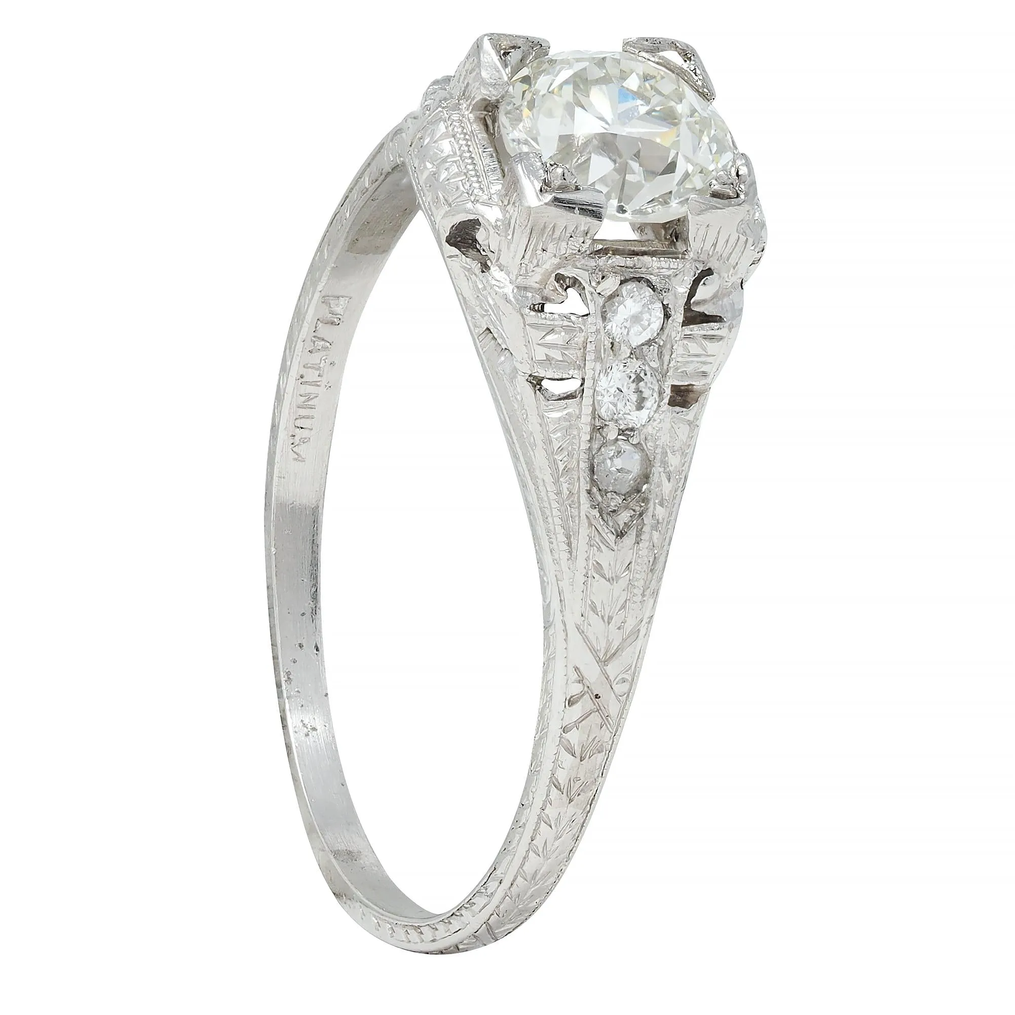 Art Deco 0.88 CTW Old European Cut Diamond Platinum Vintage Wheat Engagement Ring