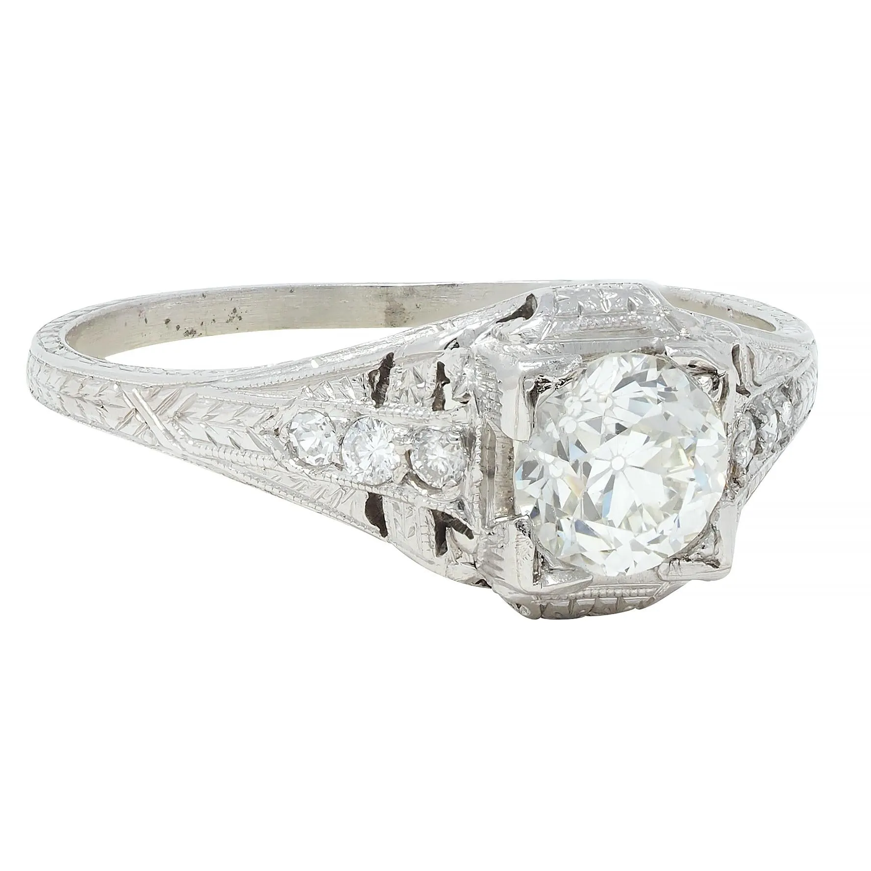 Art Deco 0.88 CTW Old European Cut Diamond Platinum Vintage Wheat Engagement Ring