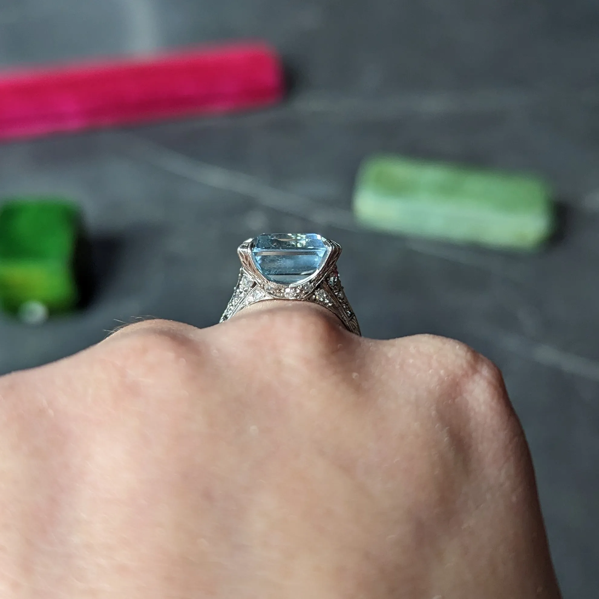 Art Deco 13.08 CTW Emerald Cut Aquamarine Diamond Platinum Vintage Cocktail Ring