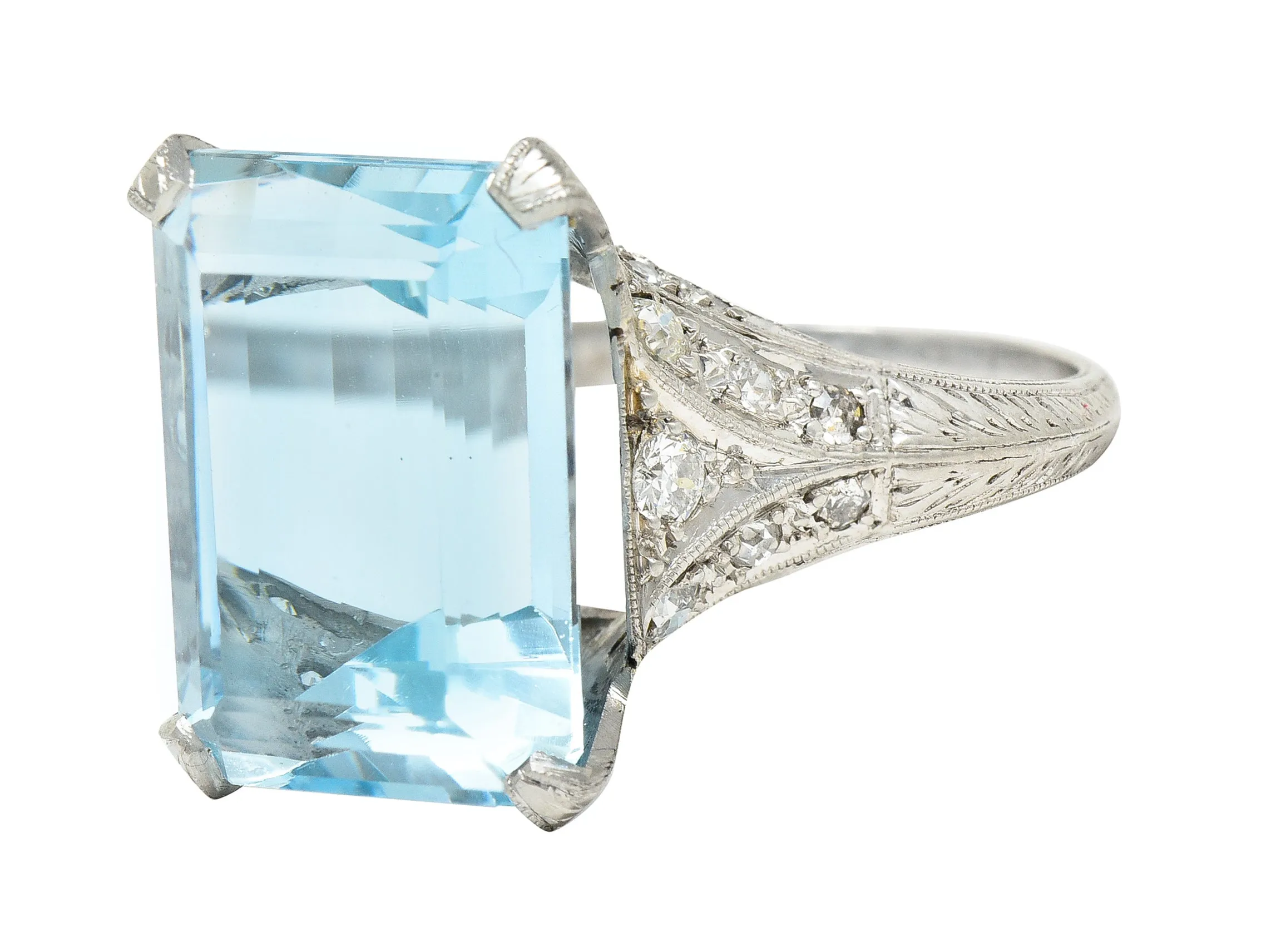 Art Deco 13.08 CTW Emerald Cut Aquamarine Diamond Platinum Vintage Cocktail Ring