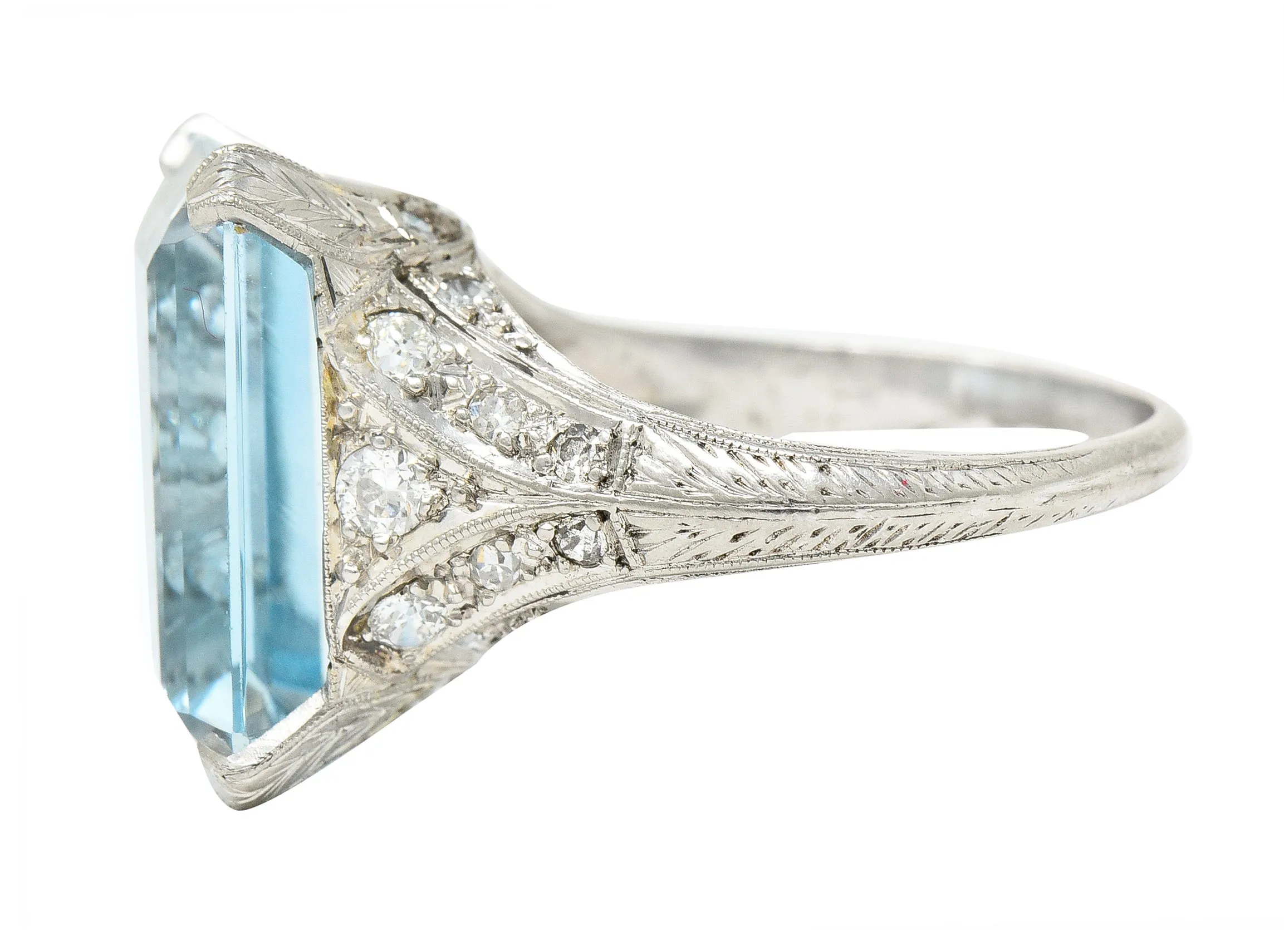 Art Deco 13.08 CTW Emerald Cut Aquamarine Diamond Platinum Vintage Cocktail Ring