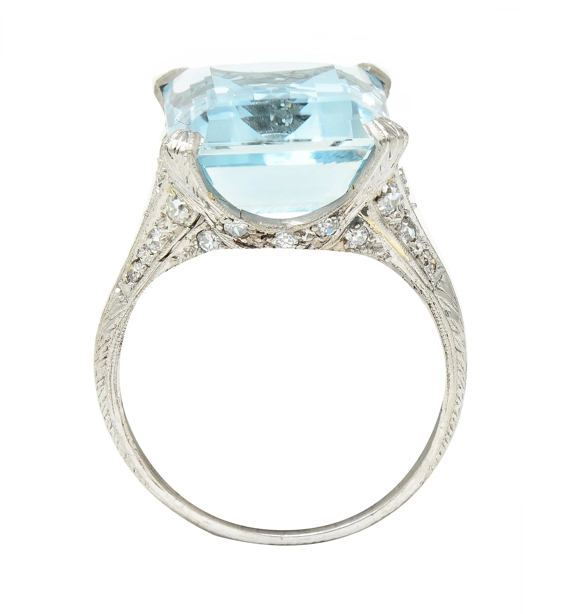 Art Deco 13.08 CTW Emerald Cut Aquamarine Diamond Platinum Vintage Cocktail Ring