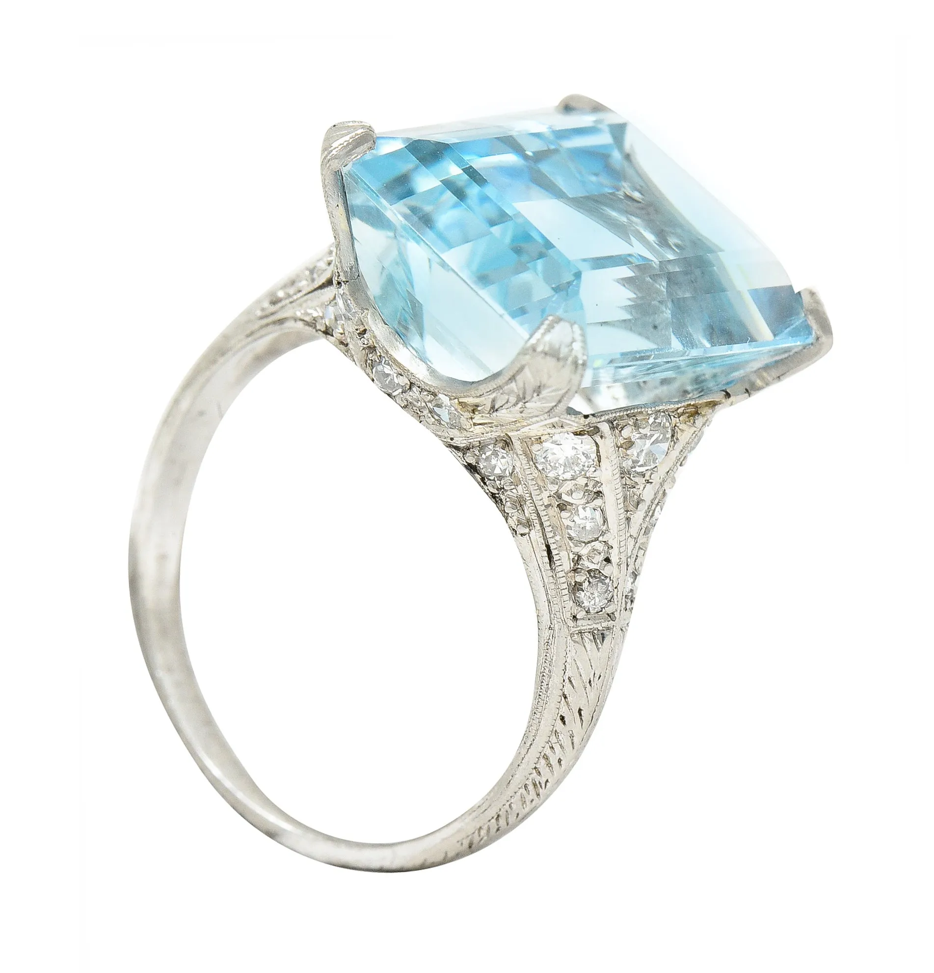 Art Deco 13.08 CTW Emerald Cut Aquamarine Diamond Platinum Vintage Cocktail Ring