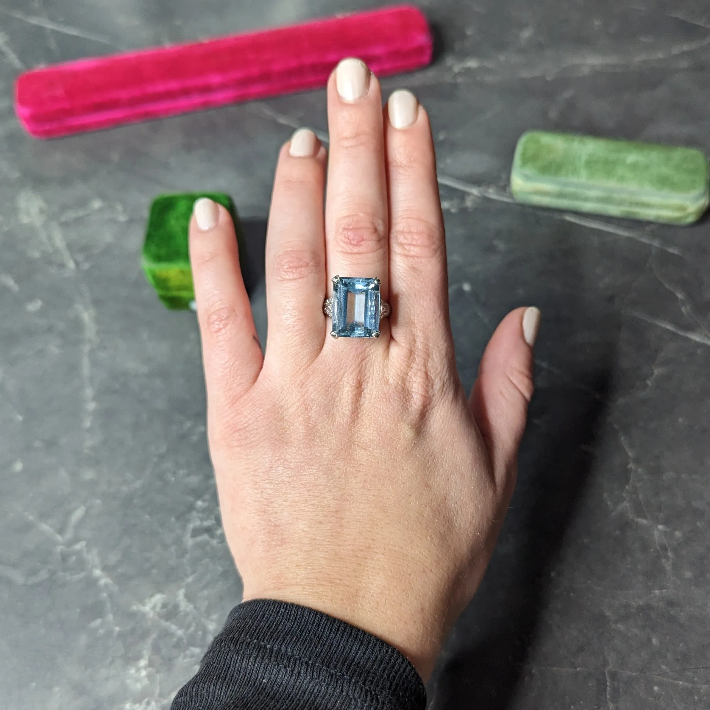 Art Deco 13.08 CTW Emerald Cut Aquamarine Diamond Platinum Vintage Cocktail Ring