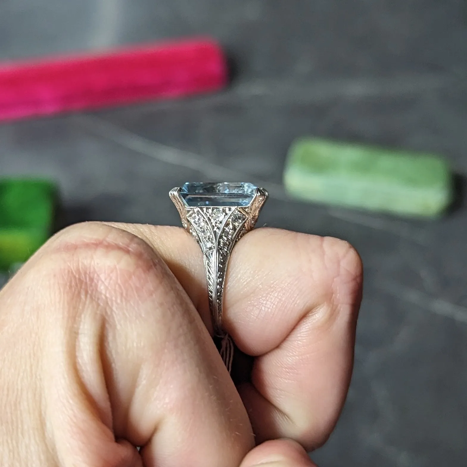 Art Deco 13.08 CTW Emerald Cut Aquamarine Diamond Platinum Vintage Cocktail Ring