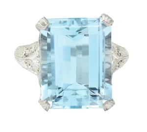 Art Deco 13.08 CTW Emerald Cut Aquamarine Diamond Platinum Vintage Cocktail Ring