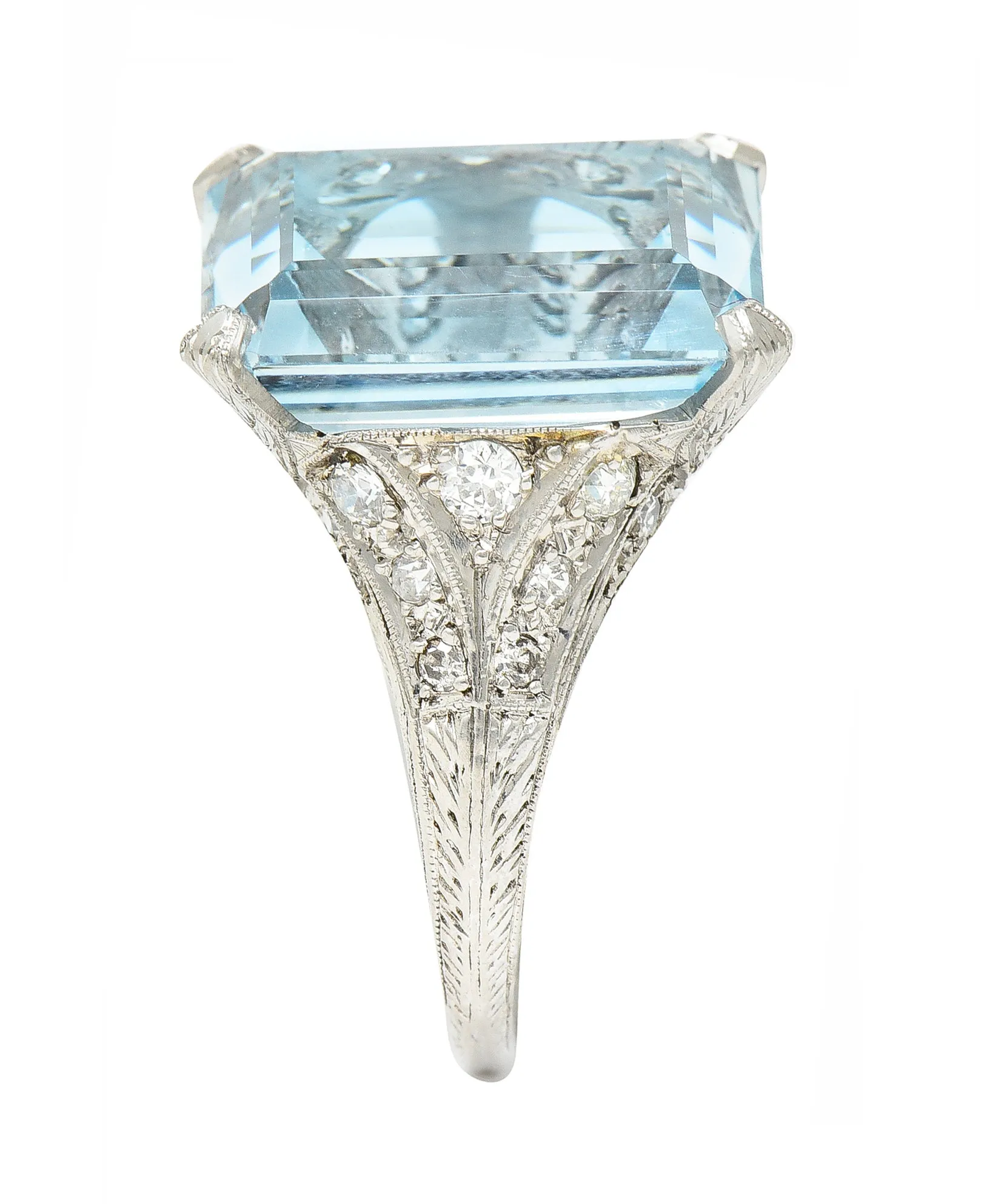 Art Deco 13.08 CTW Emerald Cut Aquamarine Diamond Platinum Vintage Cocktail Ring