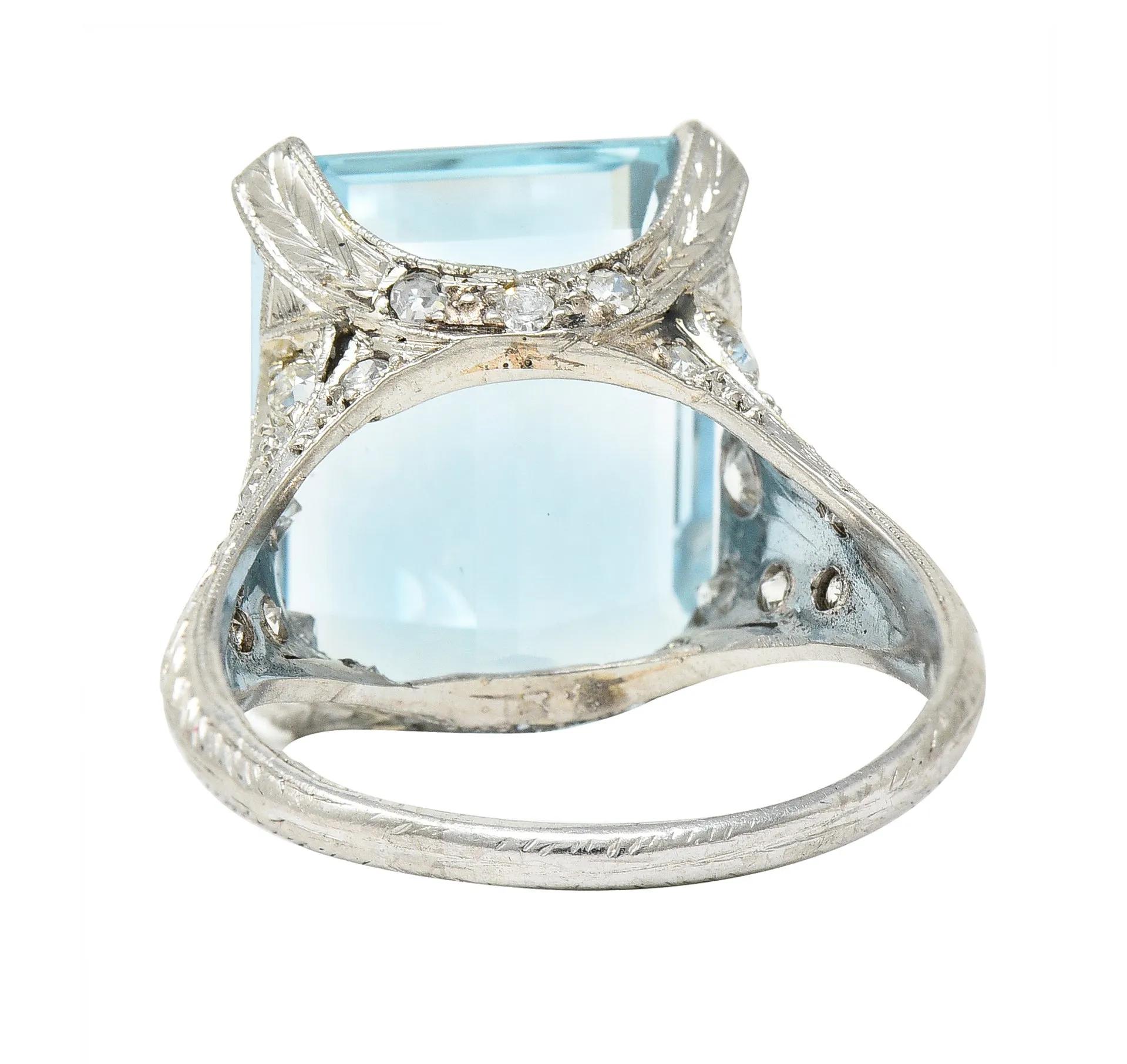 Art Deco 13.08 CTW Emerald Cut Aquamarine Diamond Platinum Vintage Cocktail Ring