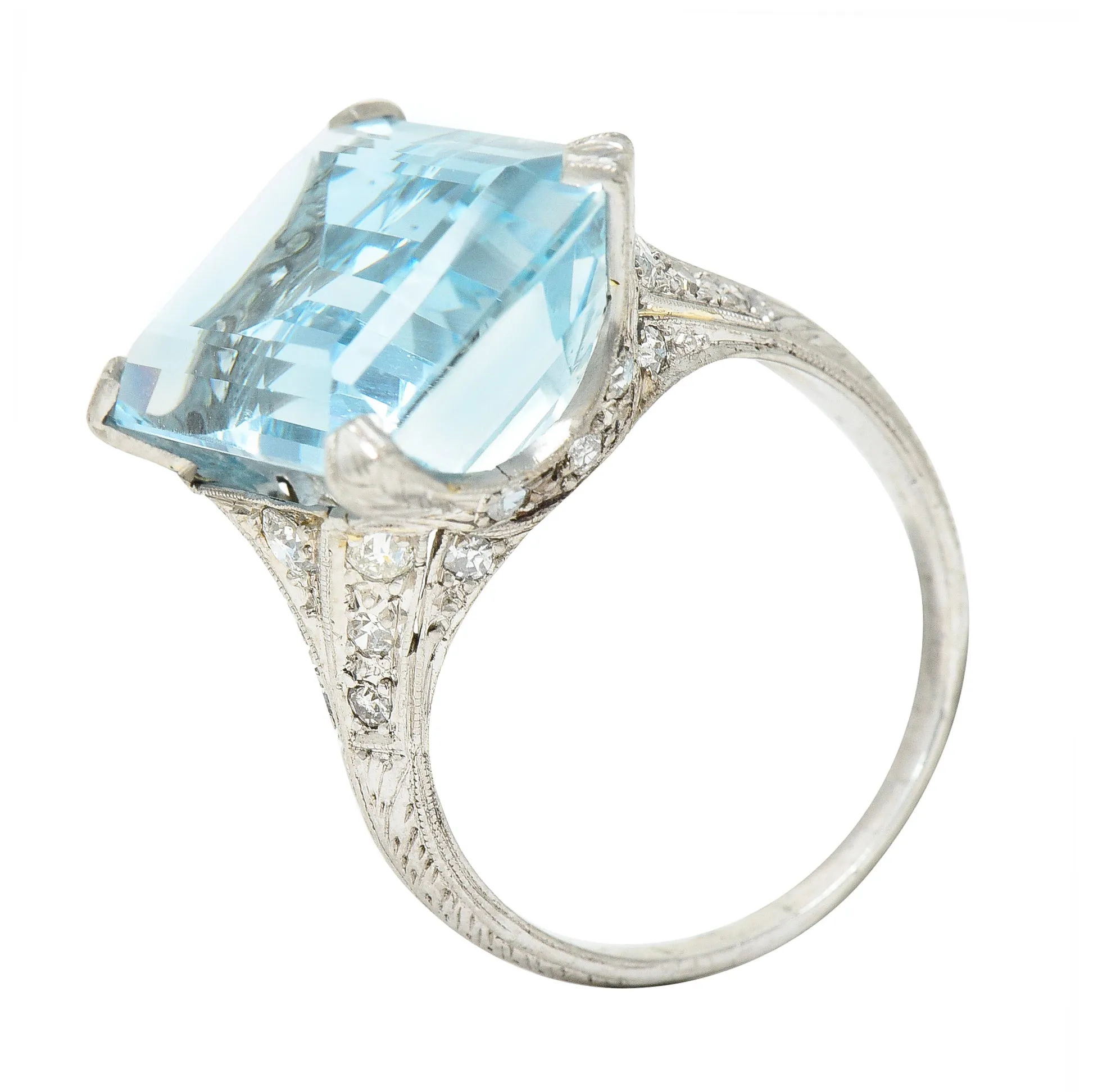 Art Deco 13.08 CTW Emerald Cut Aquamarine Diamond Platinum Vintage Cocktail Ring