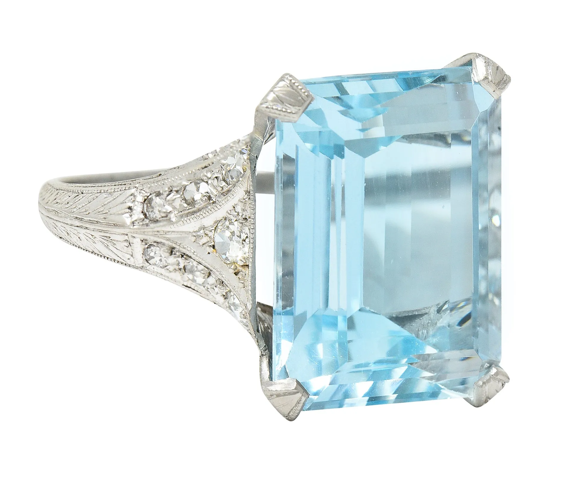 Art Deco 13.08 CTW Emerald Cut Aquamarine Diamond Platinum Vintage Cocktail Ring