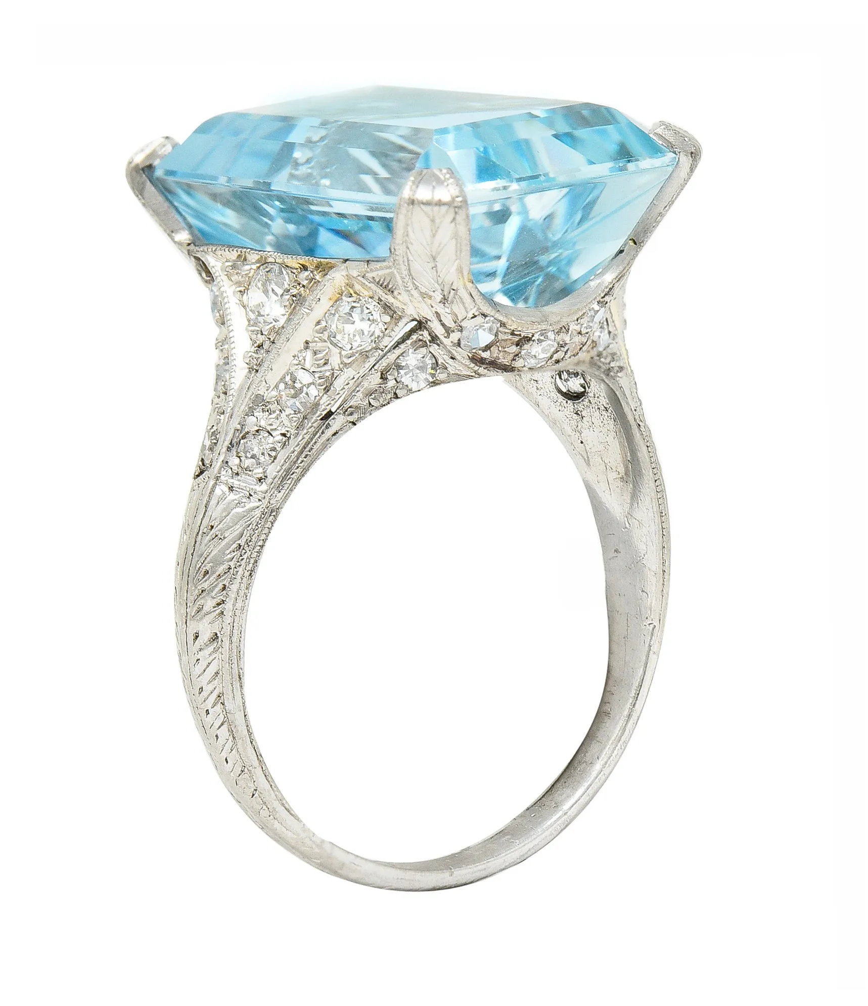 Art Deco 13.08 CTW Emerald Cut Aquamarine Diamond Platinum Vintage Cocktail Ring