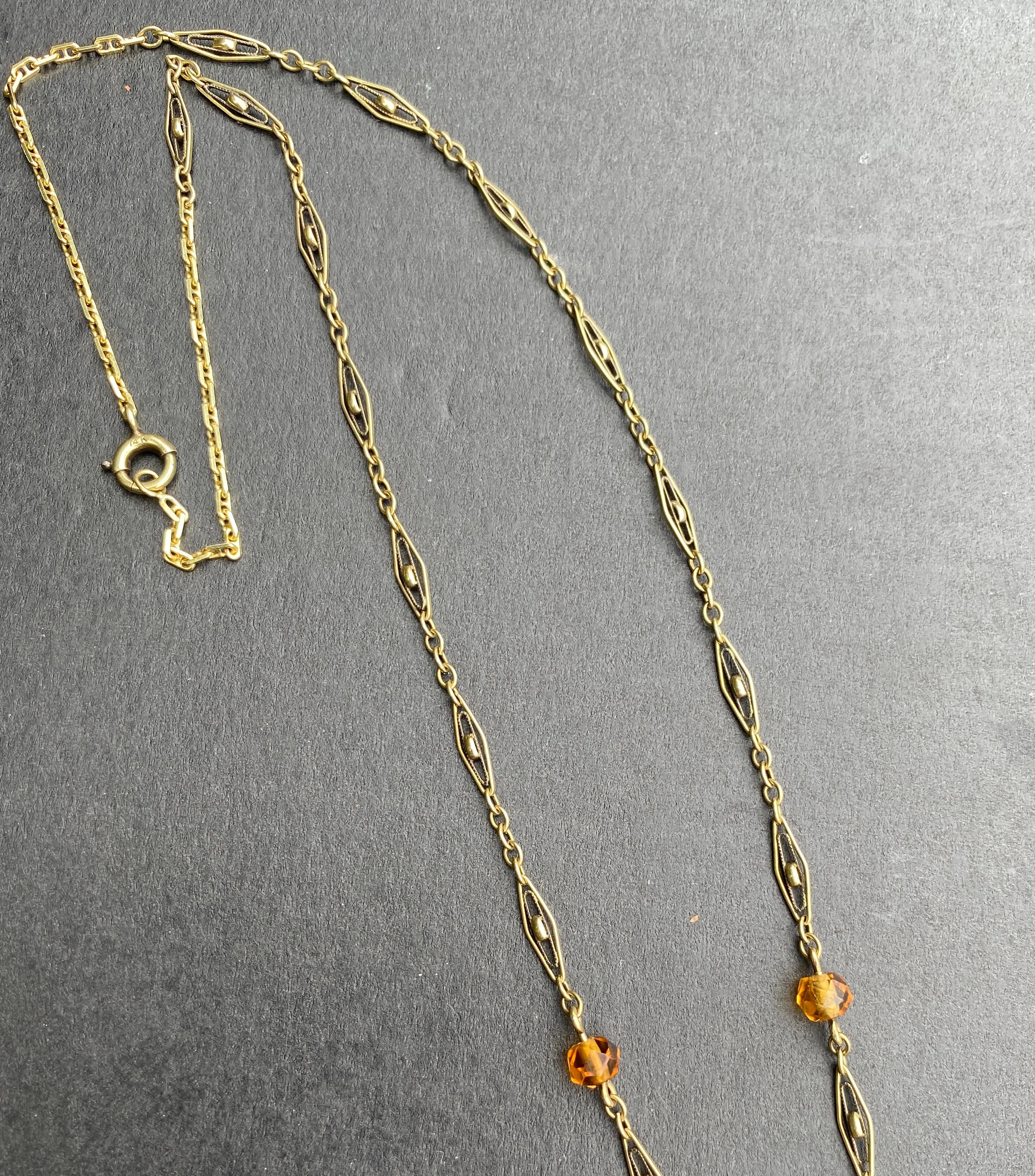 Art Deco 14K Gold and Citrine Briolette Drop Filigree Necklace