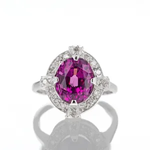 Art Deco 14K White Gold 3.5 Carat Oval Rubellite Tourmaline Diamond Ring