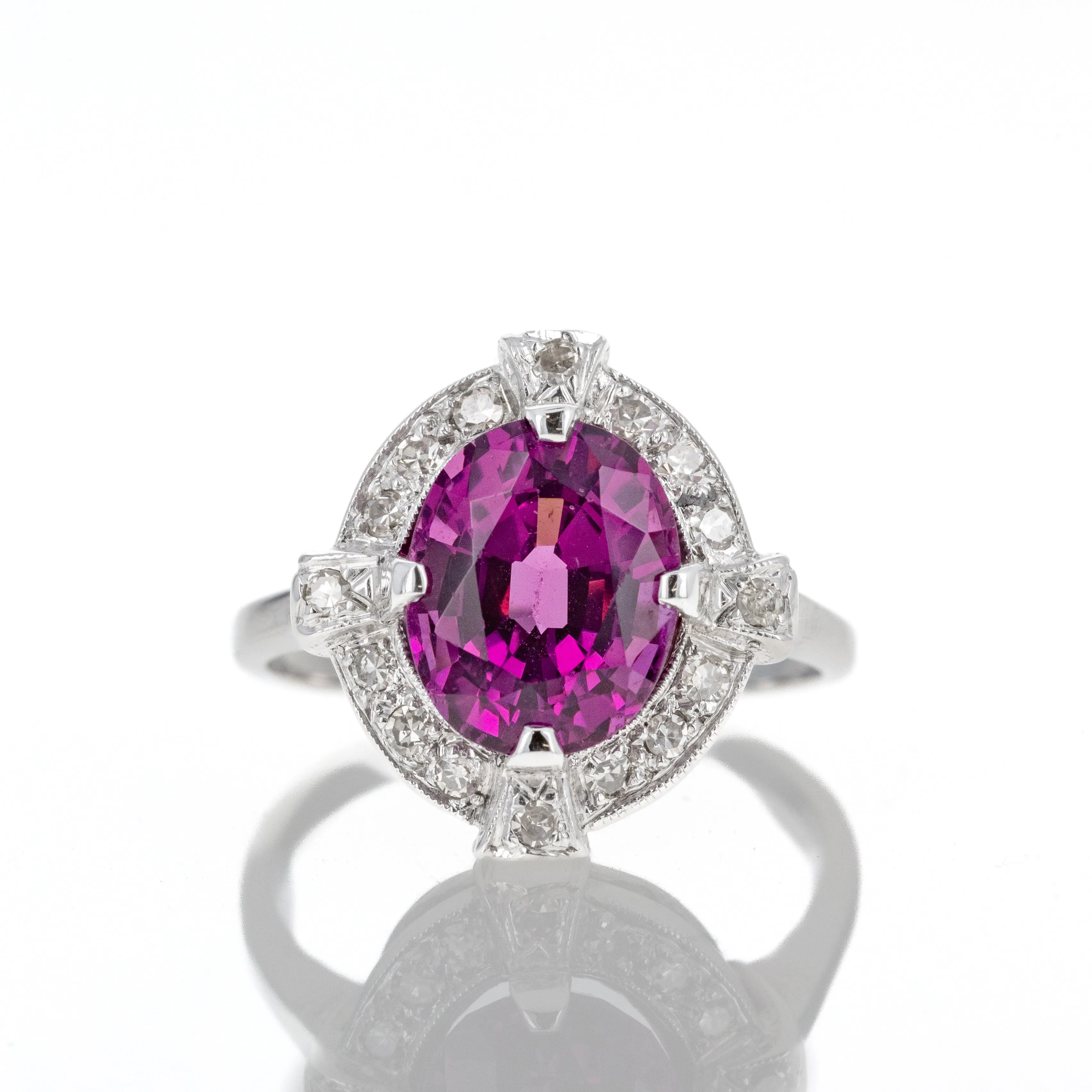 Art Deco 14K White Gold 3.5 Carat Oval Rubellite Tourmaline Diamond Ring