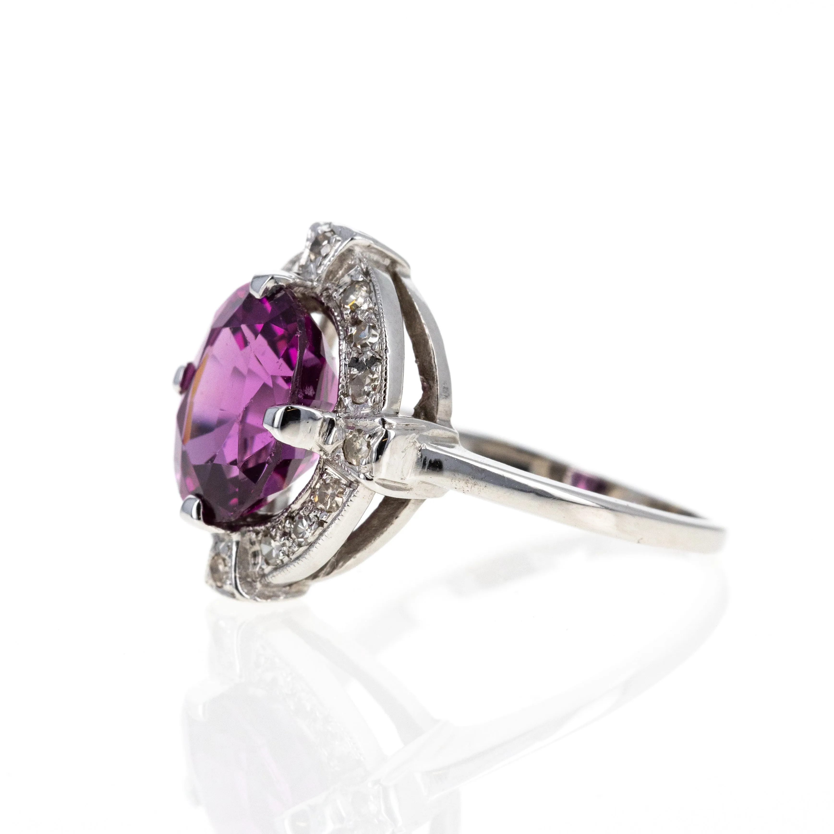 Art Deco 14K White Gold 3.5 Carat Oval Rubellite Tourmaline Diamond Ring
