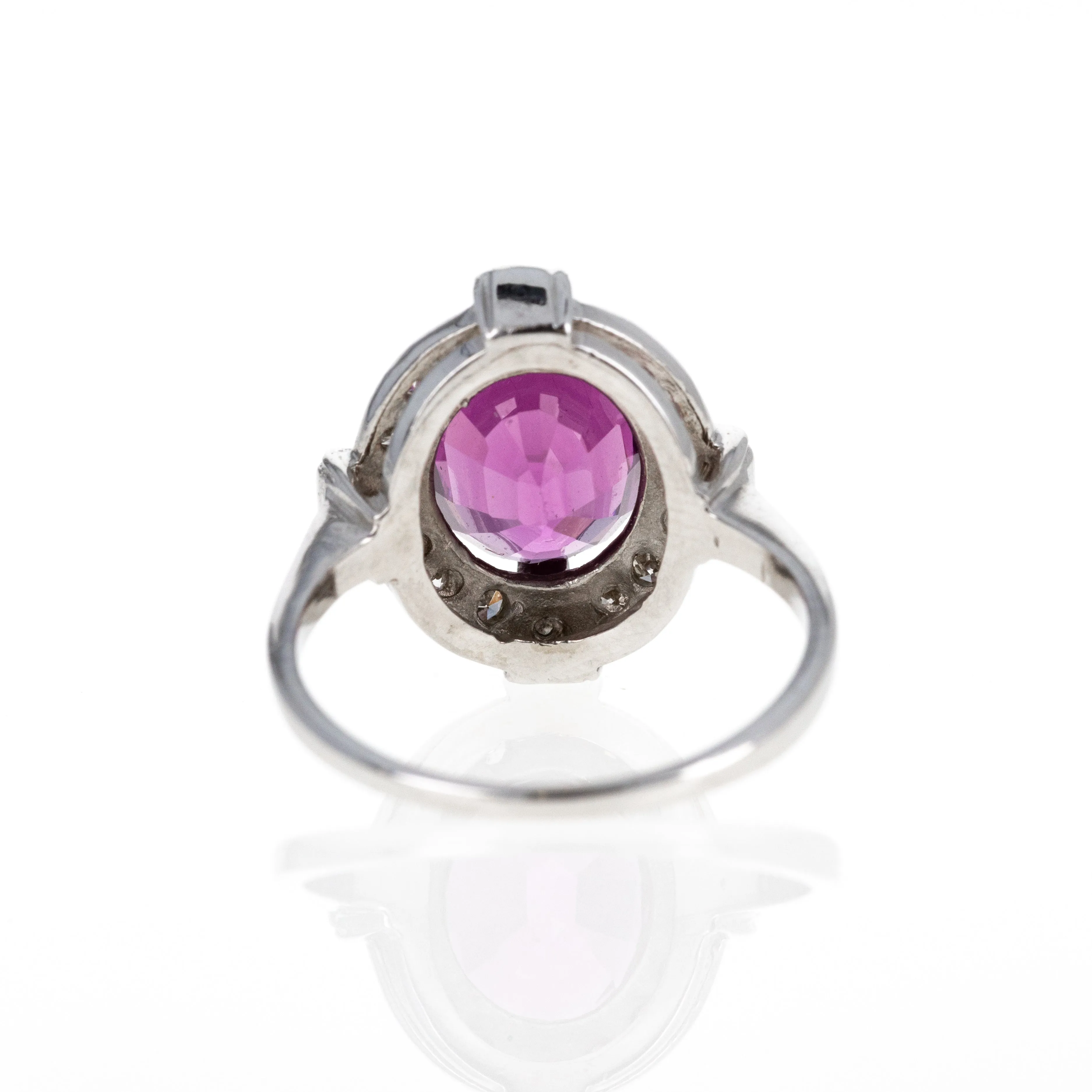 Art Deco 14K White Gold 3.5 Carat Oval Rubellite Tourmaline Diamond Ring