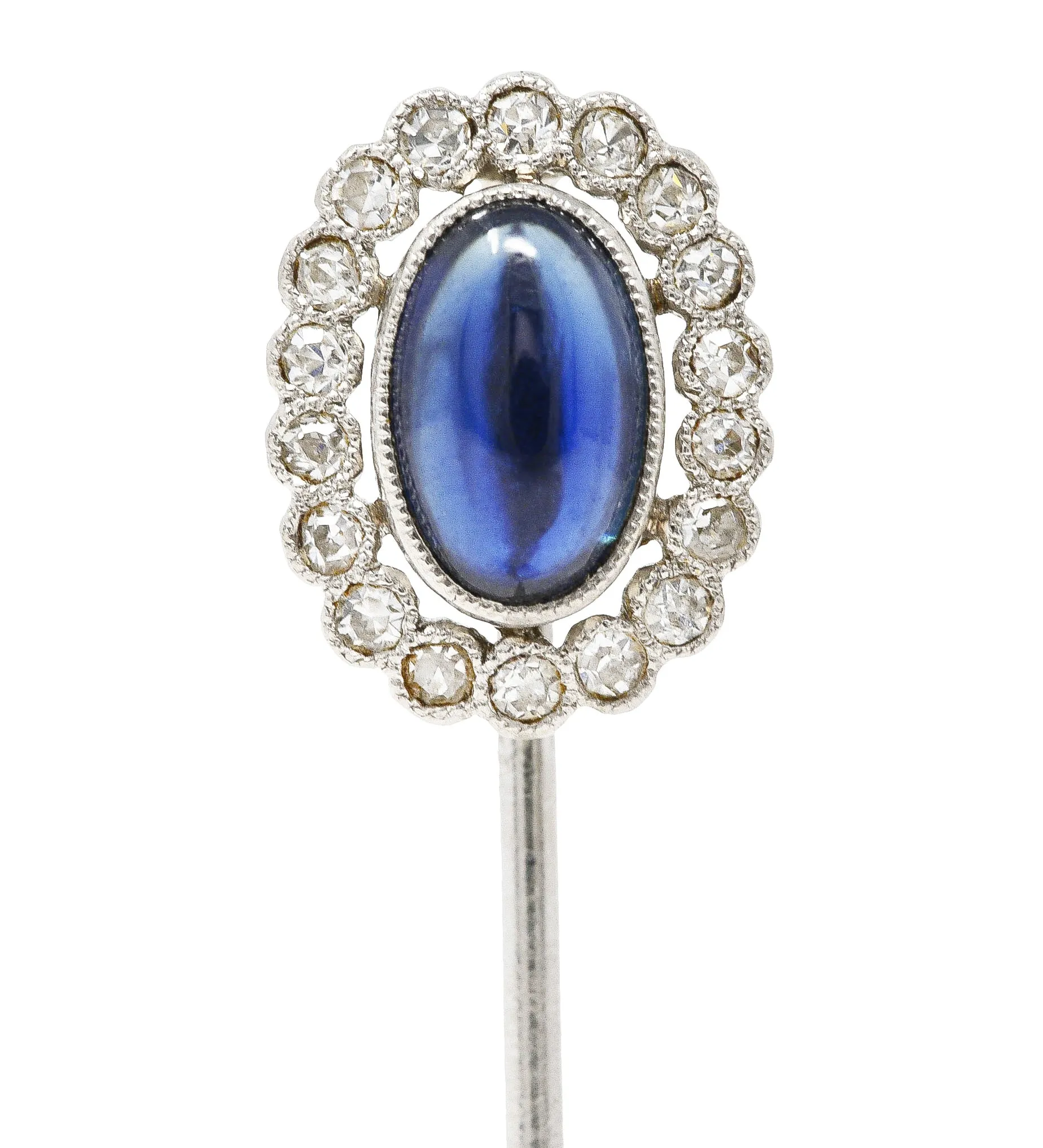 Art Deco 1.65 CTW Sapphire Cabochon Diamond Halo Platinum Vintage Stickpin