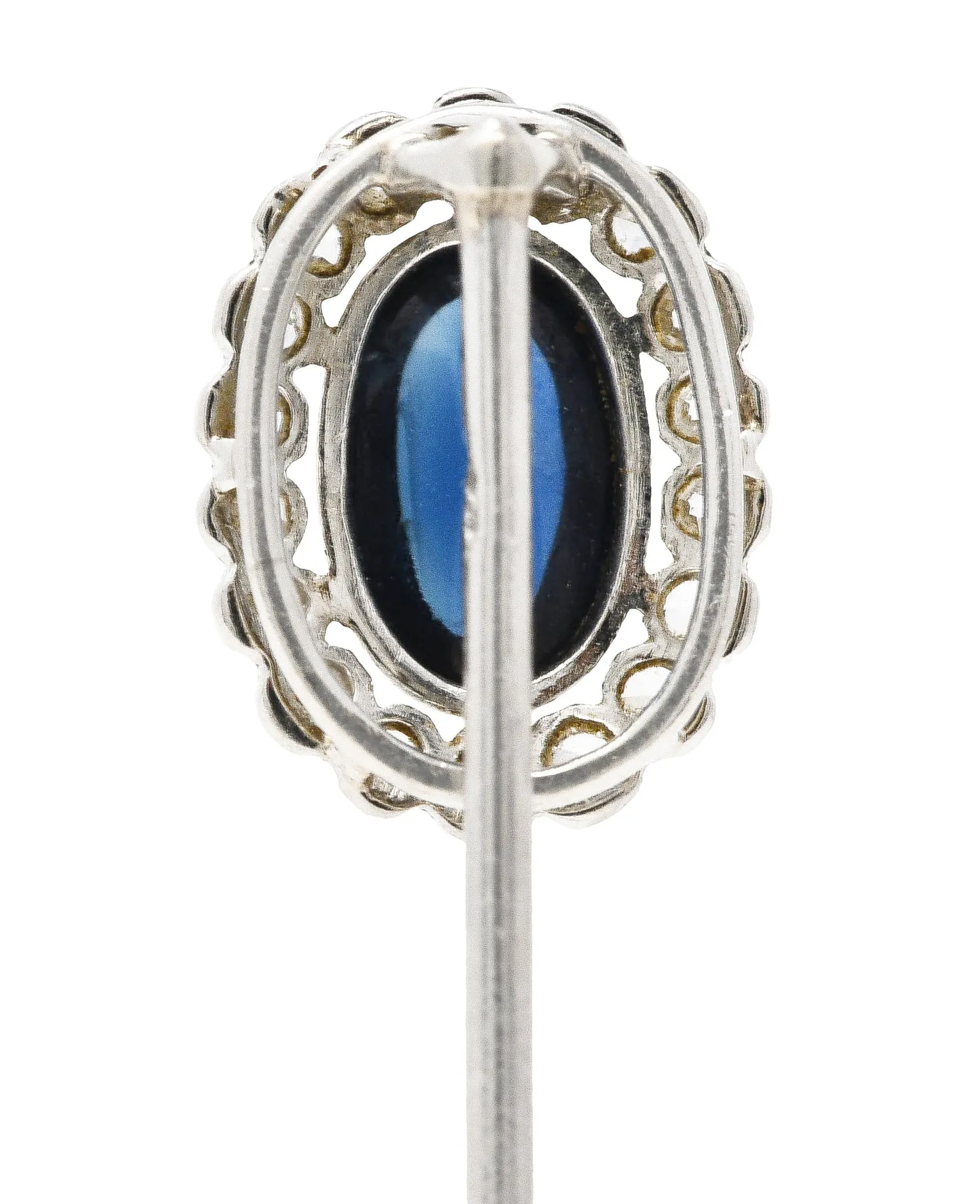 Art Deco 1.65 CTW Sapphire Cabochon Diamond Halo Platinum Vintage Stickpin