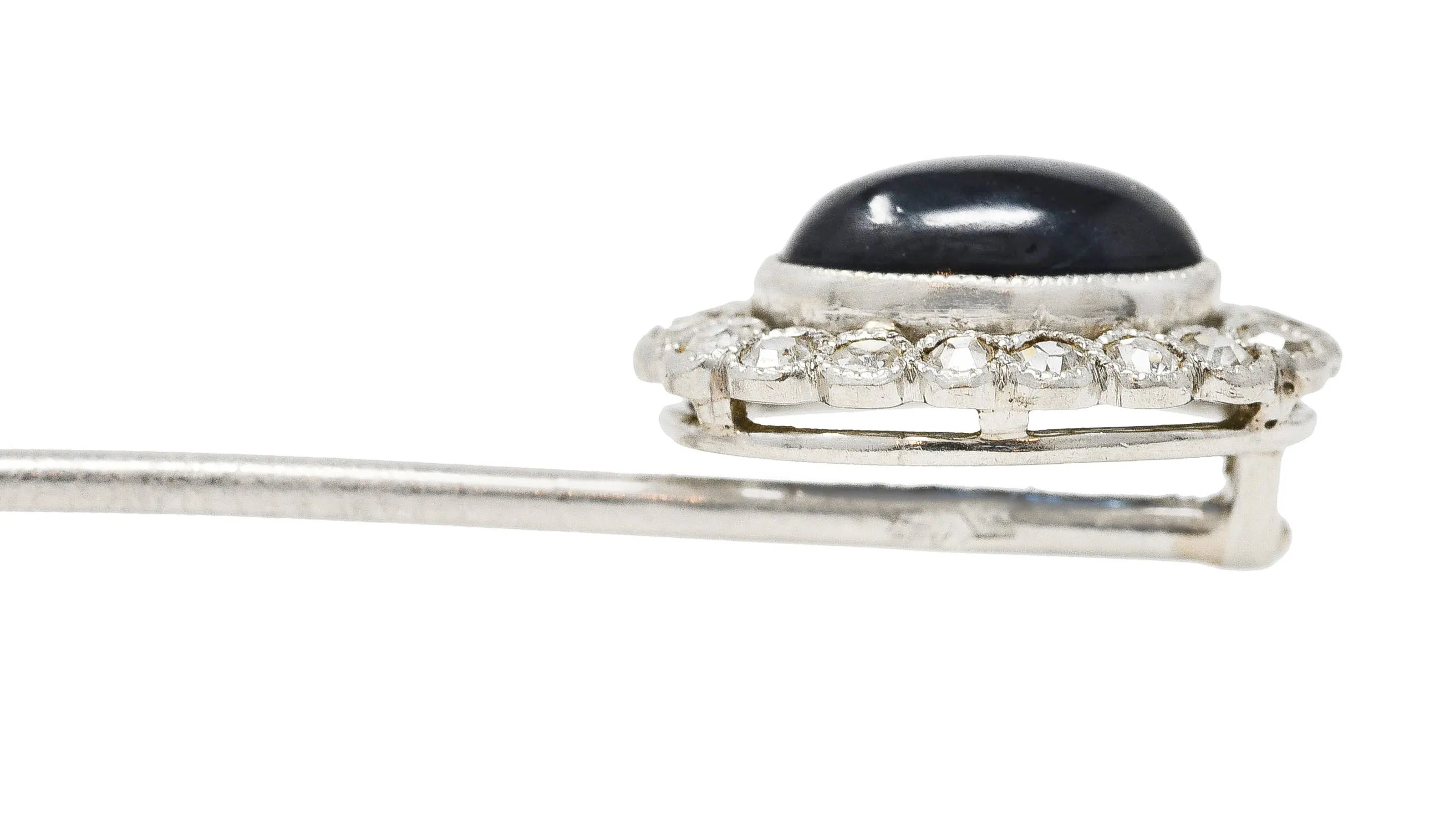 Art Deco 1.65 CTW Sapphire Cabochon Diamond Halo Platinum Vintage Stickpin