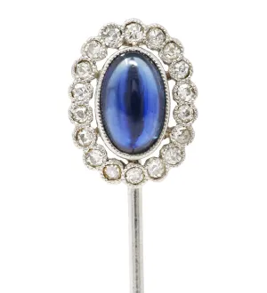 Art Deco 1.65 CTW Sapphire Cabochon Diamond Halo Platinum Vintage Stickpin
