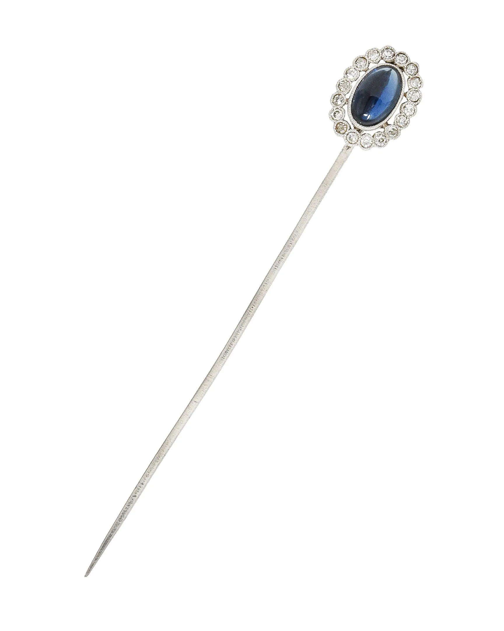 Art Deco 1.65 CTW Sapphire Cabochon Diamond Halo Platinum Vintage Stickpin