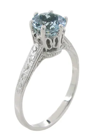 Art Deco Crown 1 Carat Solitaire Aquamarine Engagement Ring in 18 Karat White Gold