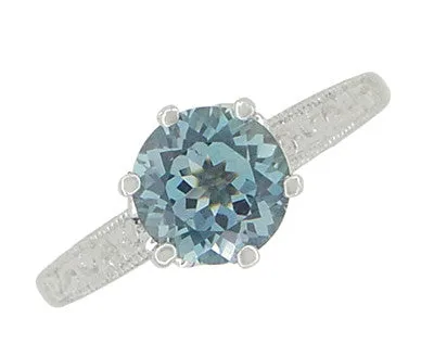 Art Deco Crown 1 Carat Solitaire Aquamarine Engagement Ring in 18 Karat White Gold